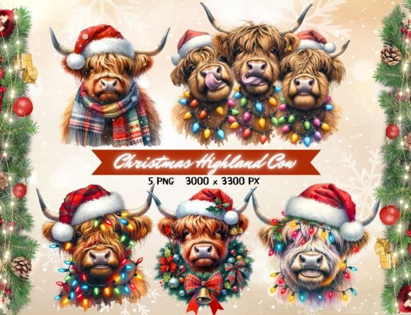 Christmas Highland Cow Graphics for Crafts and Merchandise