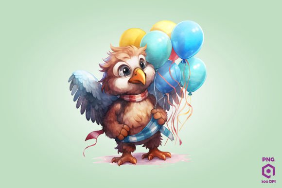 Eagle Holding Balloons Watercolor Clipart for Graphics