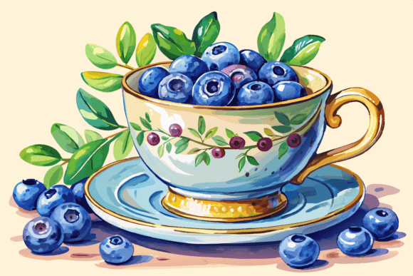 Teacup with Blueberries Watercolor: A Graphics Review for Illustrations