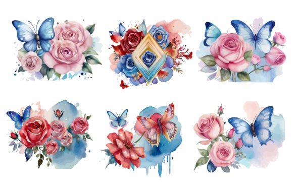 Watercolor Butterfly Rose Designs for Graphics and Illustrations
